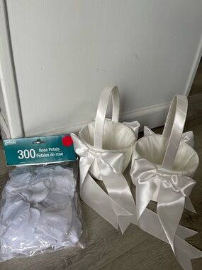 White Satin Flower Girl Baskets with Bow Accents and Rose Petals